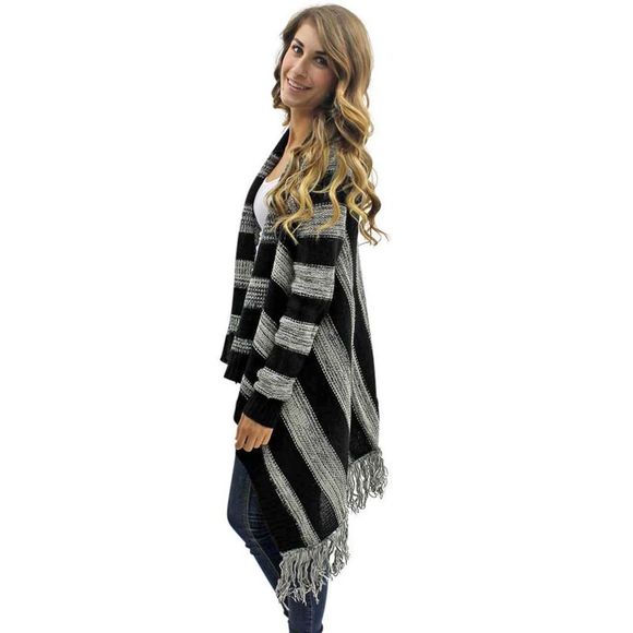 Black & Gray Stripe Fringed Sweater Jacket - Picture 3 of 4